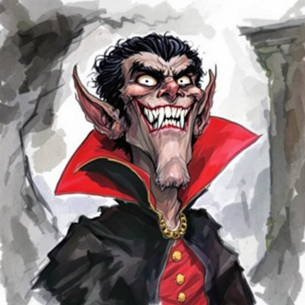 AI generated: ered image, 400 pixels. Watercolor. African American Dracula with an evil smile with his pointy teet...