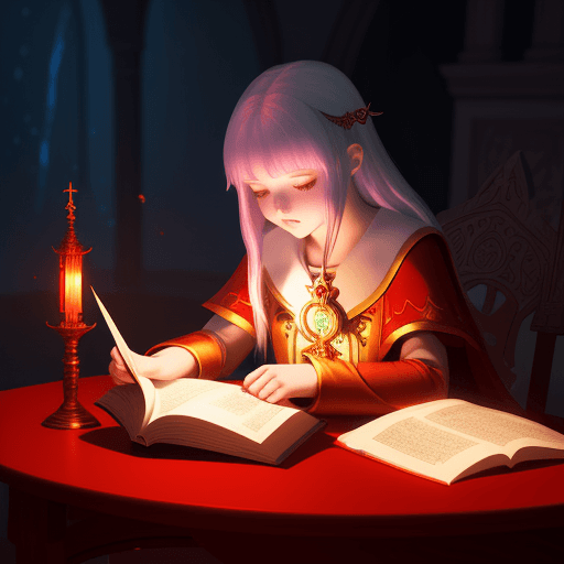 AI generated: a young priestess reading a super enchanted luminous book that on the table, red mantle, shadows, em...
