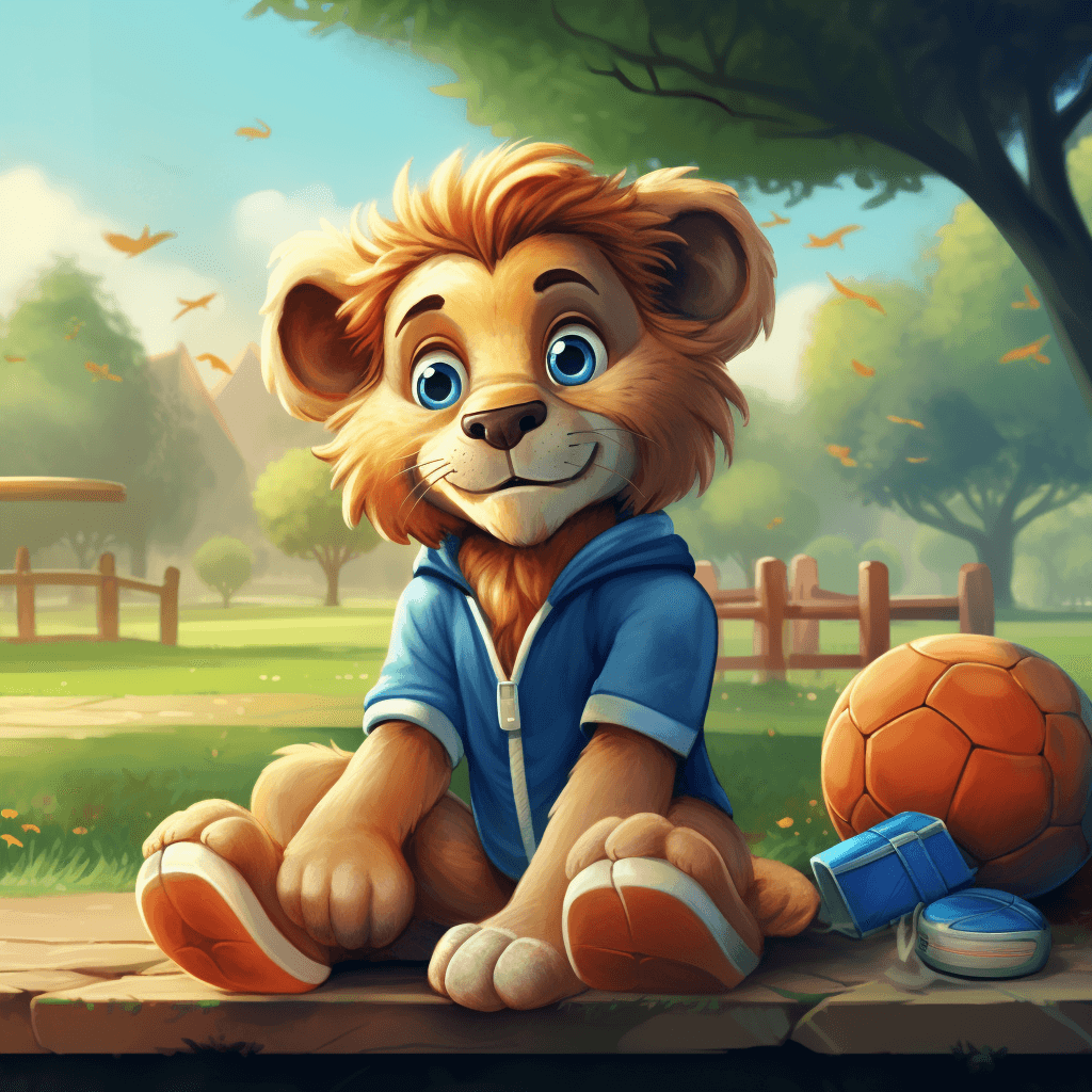 AI generated: cute brown lion and a little soccer ball sitting on a bench, cute brown lion wearing blue clothes, g...