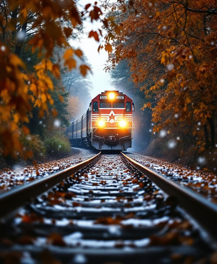 AI generated: This image is shot from a low angle, looking up, from the lower left corner of a train moving on a t...