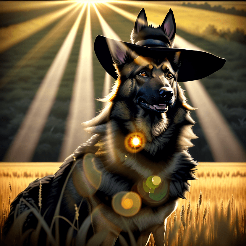 AI generated: portrait black, fawn and gray German Shepherd dog with long hair wearing a hat in the field, golden ...