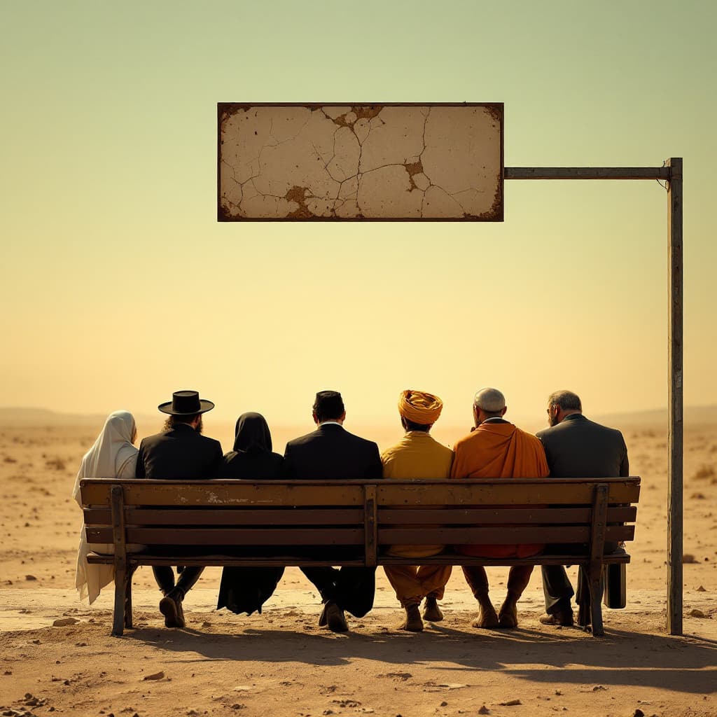 AI generated: Wide cinematic shot, taken from behind, in a vast, sun-scorched desert. A dilapidated, rusted bus st...
