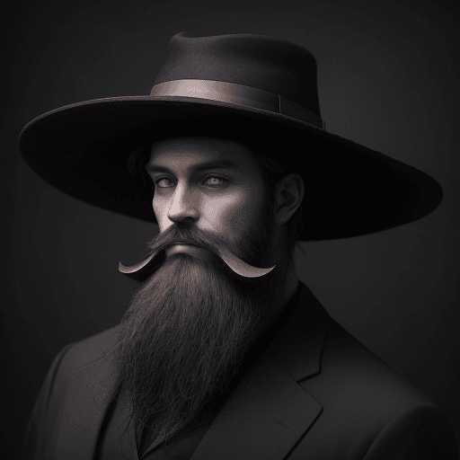 AI generated: picture of a man with a dark hat and a creepy hat, has beard