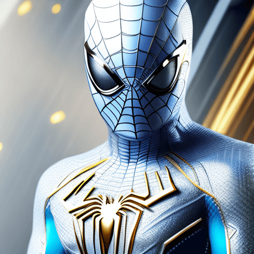 AI generated: High resolution, full body, futuristic spiderman, his suit should be white with gold and marquise bl...