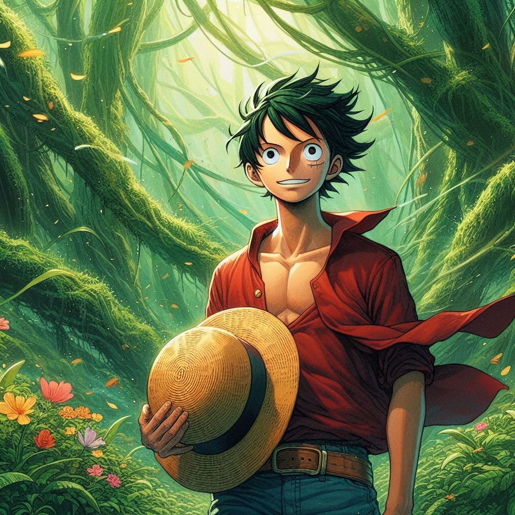 AI generated: Genera una imagen que capture la esencia aventurera de Luffy en medio de la selva exuberante con vie...