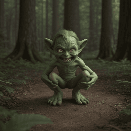 AI generated: a cute little shy green goblin with very big feet in a forest, cinematic light, 4k, photorealistic, ...