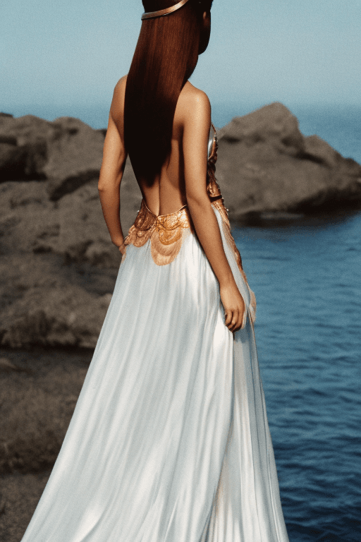 AI generated: looking over the shoulder of the copper long hair woman in a an elegant luxury dress designed by Dio...