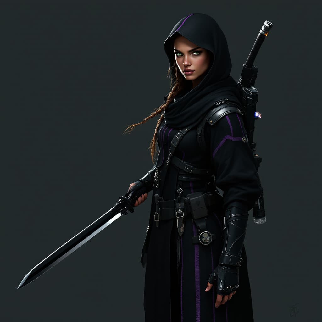 AI generated: Image of a human female galactic combat operator, her combat armor is light weighted, black with lin...