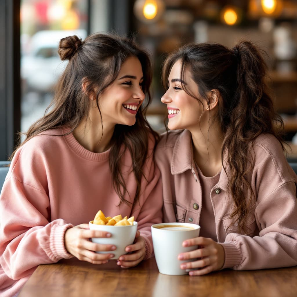AI generated: A girl with smile sitting with her bestfriend and both are smiling at each other in cafe 
Both wear ...