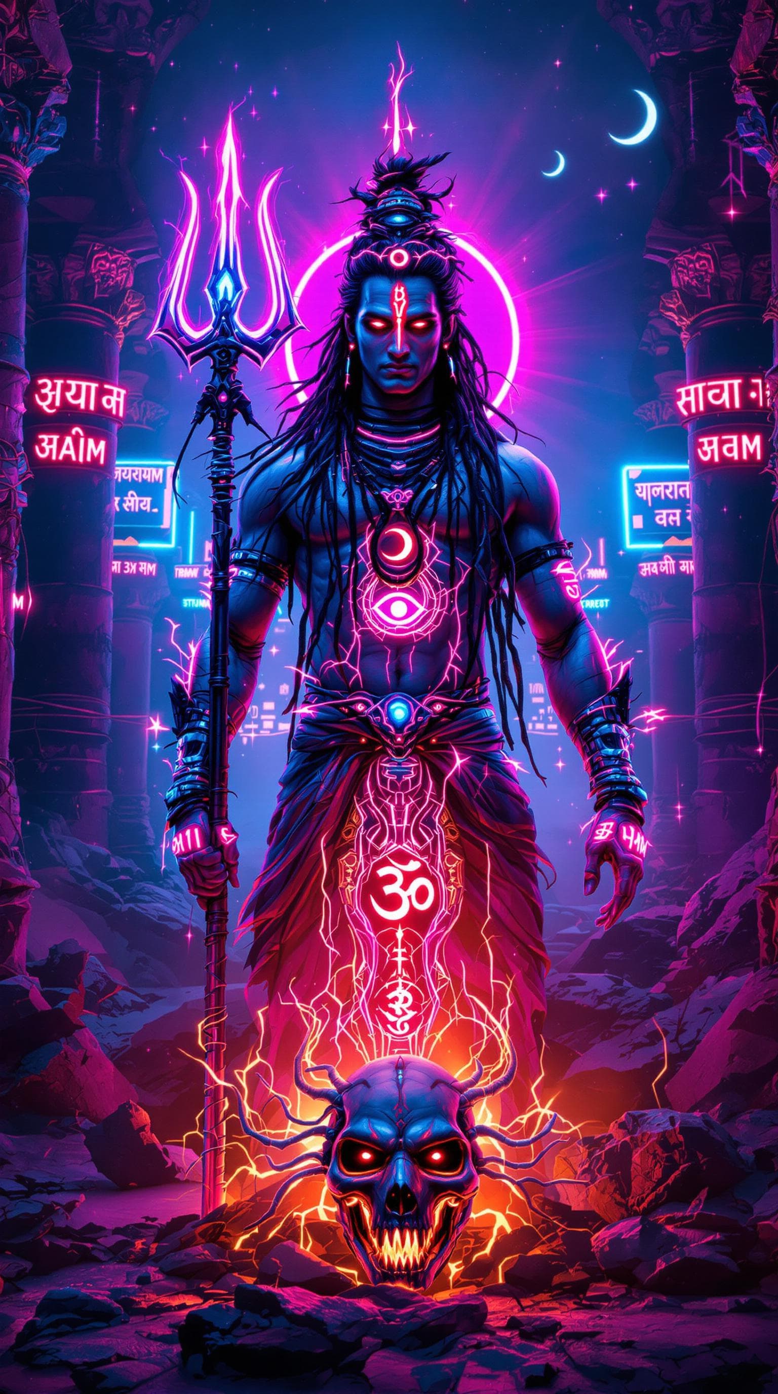 AI generated: A bold, neon-drenched reimagining of Lord Shiva, merging divine grandeur with cyberpunk edge. Shiva ...
