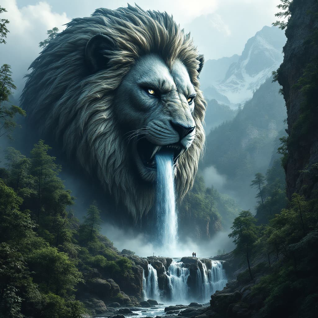 AI generated: huge very tall waterfall shaped as the  head of a lion   embeded  into  a mountain with stream flowi...