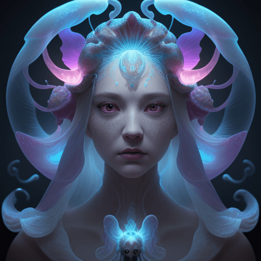AI generated: Goddess close-up portrait ribcagel. jellyfish phoenix head, nautilus, orchid, skull, betta fish, bio...