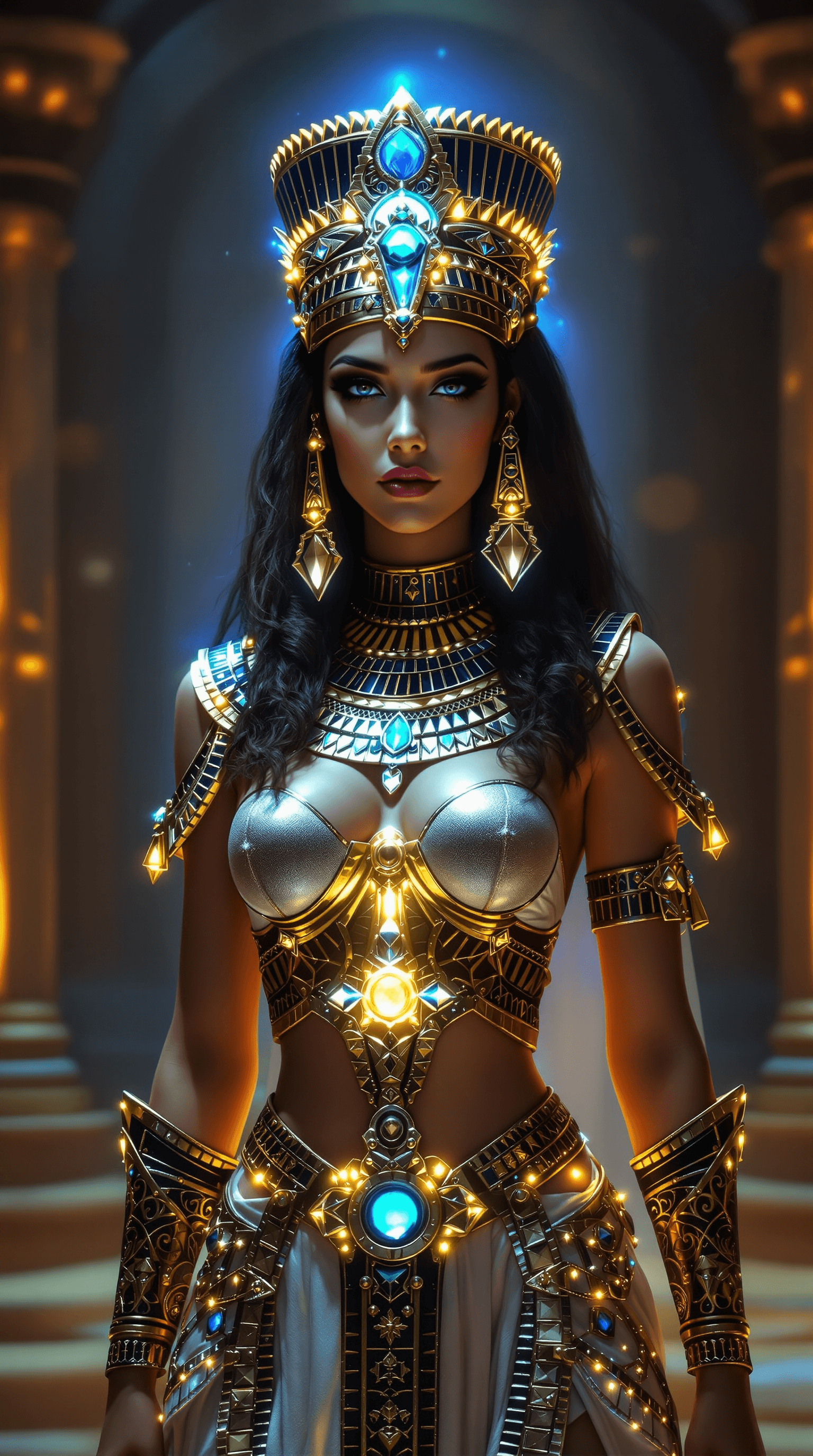 AI generated: cleopatra, babe, egypt, temple, fantasy, beautifull glamour egypt queen armor and tiara with extrem ...