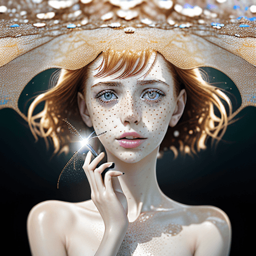 AI generated: a woman with freckled skin is photographing her face, in the style of dmitry kustanovich, delicate m...
