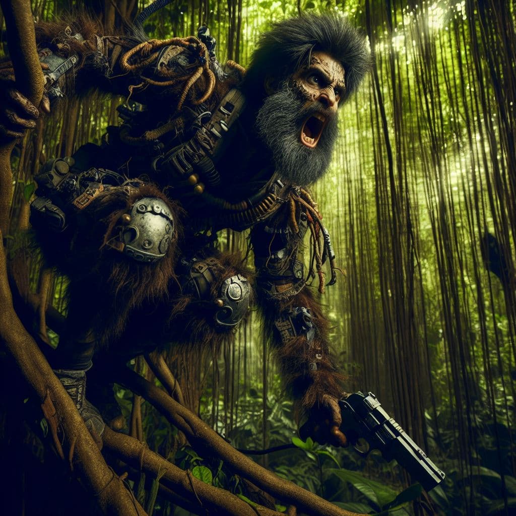 AI generated: A degenerate hairy man of the far future, swinging like an ape through the dense canopy of a postapo...