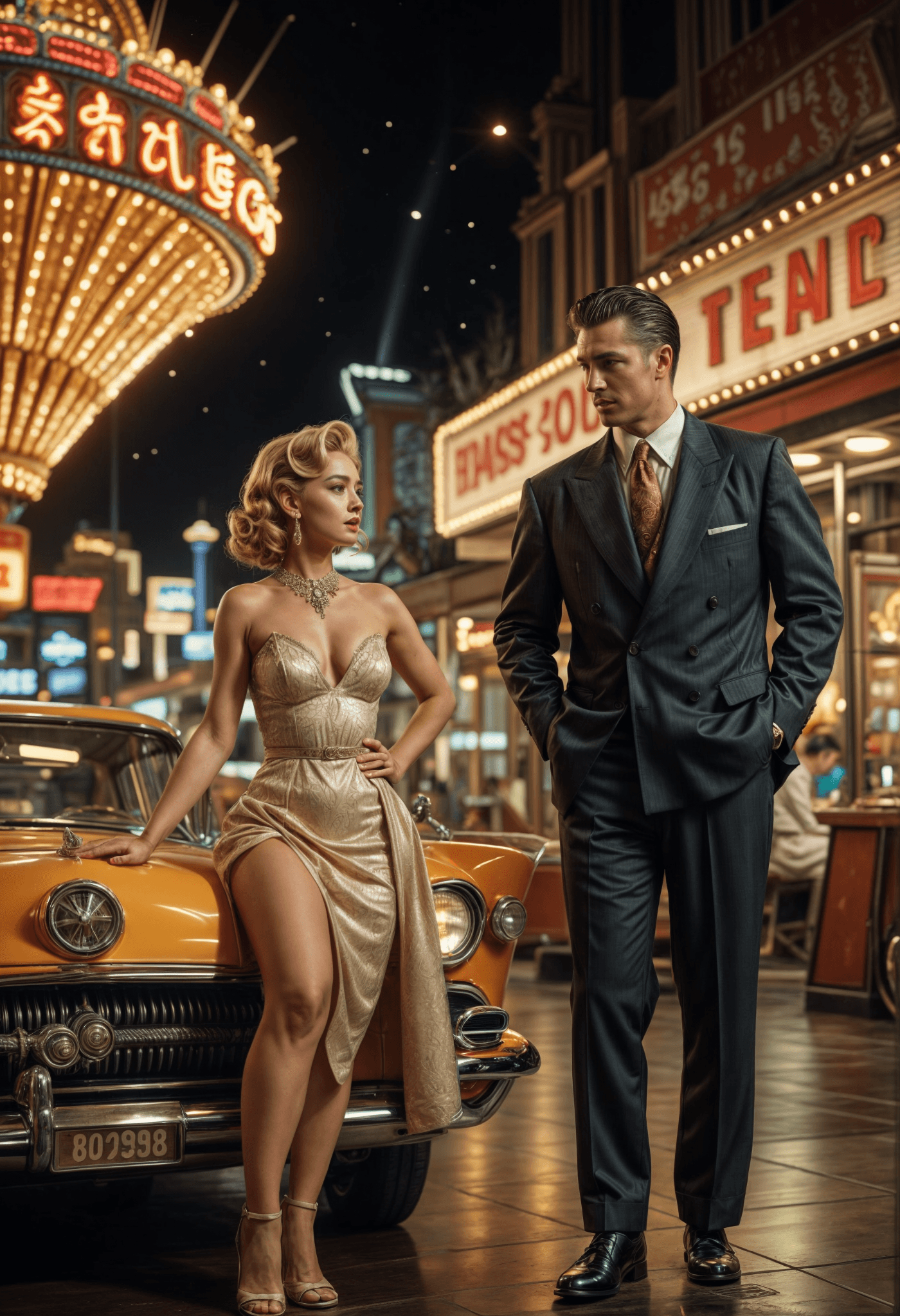 AI generated: a scene in a retro  movie,,1955 th style,epic  scene,intricate details,dynamic lights,2 stylish peop...