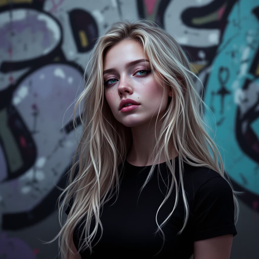 AI generated: Female, Young adult female, long blonde hair, sleepy green eyes, pale, wearing black tight tee,  det...