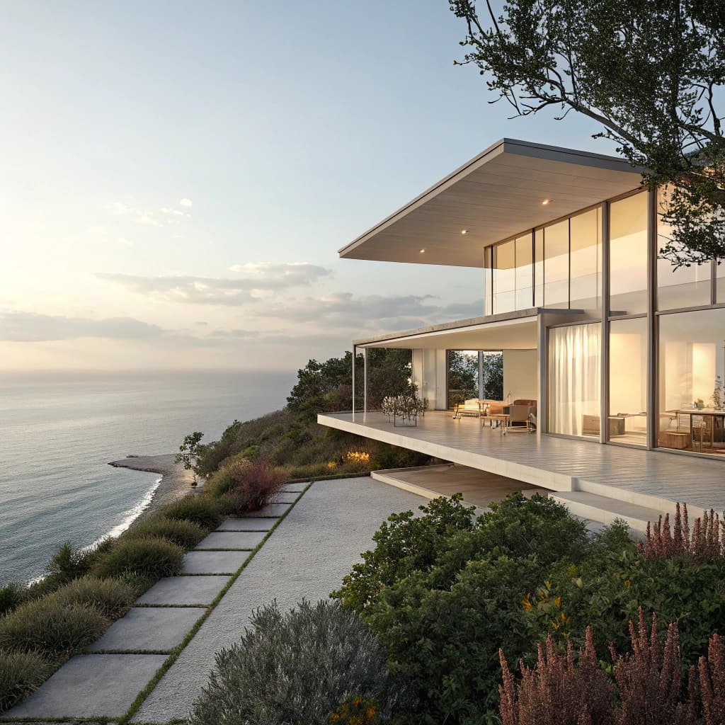 AI generated: Hyper realistic eye level exterior photo of a mid century modern style house overlooking the ocean, ...