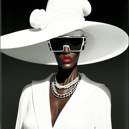 AI generated: High Fashion Vogue magazine 1983 featuring Grace Jones outrageous model wearing minimalist women’s c...