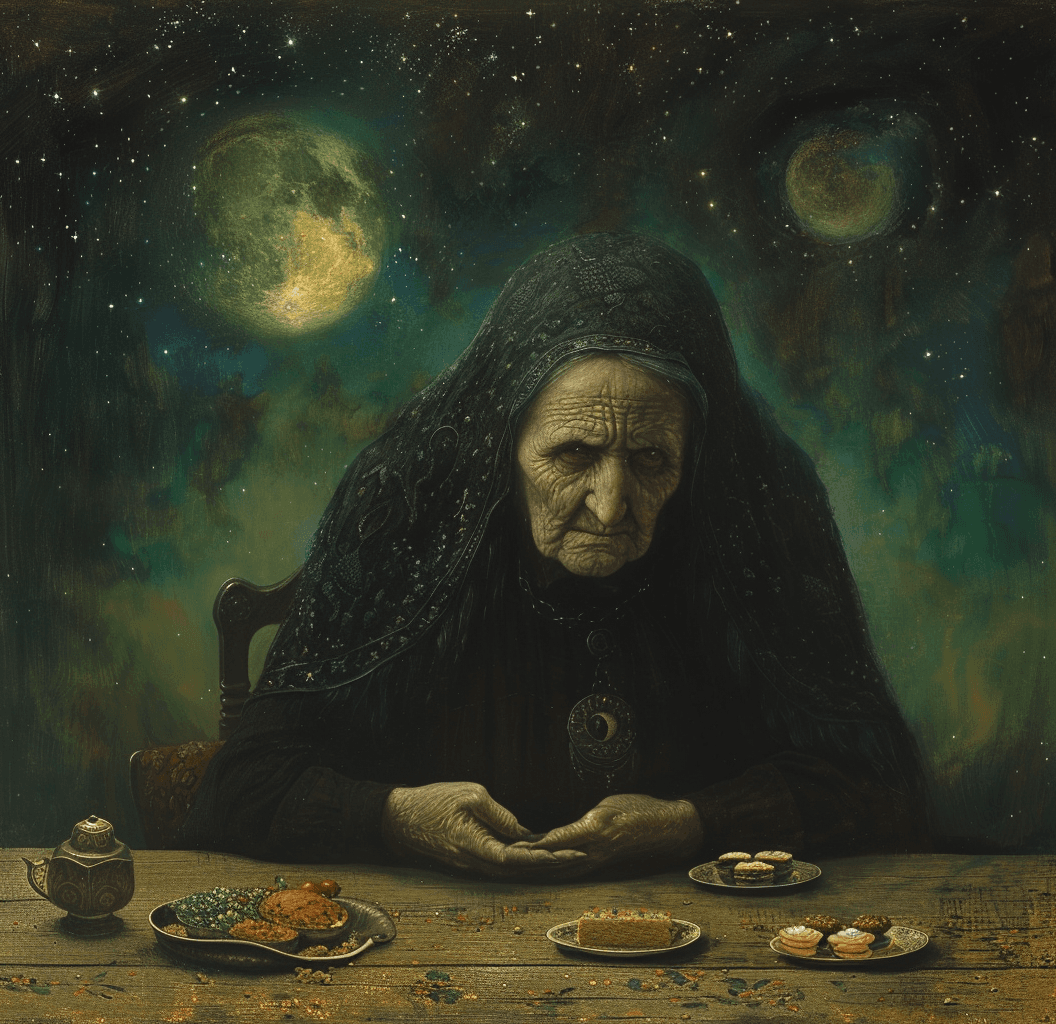 AI generated: The fat old witch is sitting at the table with food, in front of her there is an ancient Russian orn...