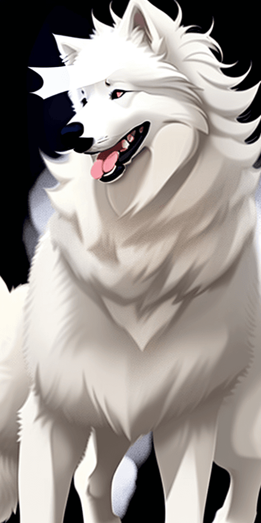 AI generated: smiling/happy all white samoyed dog siting far, black background for my phone lockscreen leave a big...