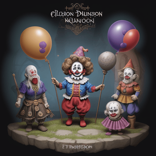 AI generated: clown fantasy dungeon middle age celebration finished strange people around