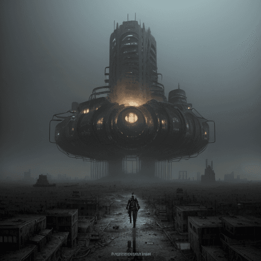 AI generated: Create a detailed image of a post-apocalyptic city, during the day, dystopia, empty, thick fog, smok...