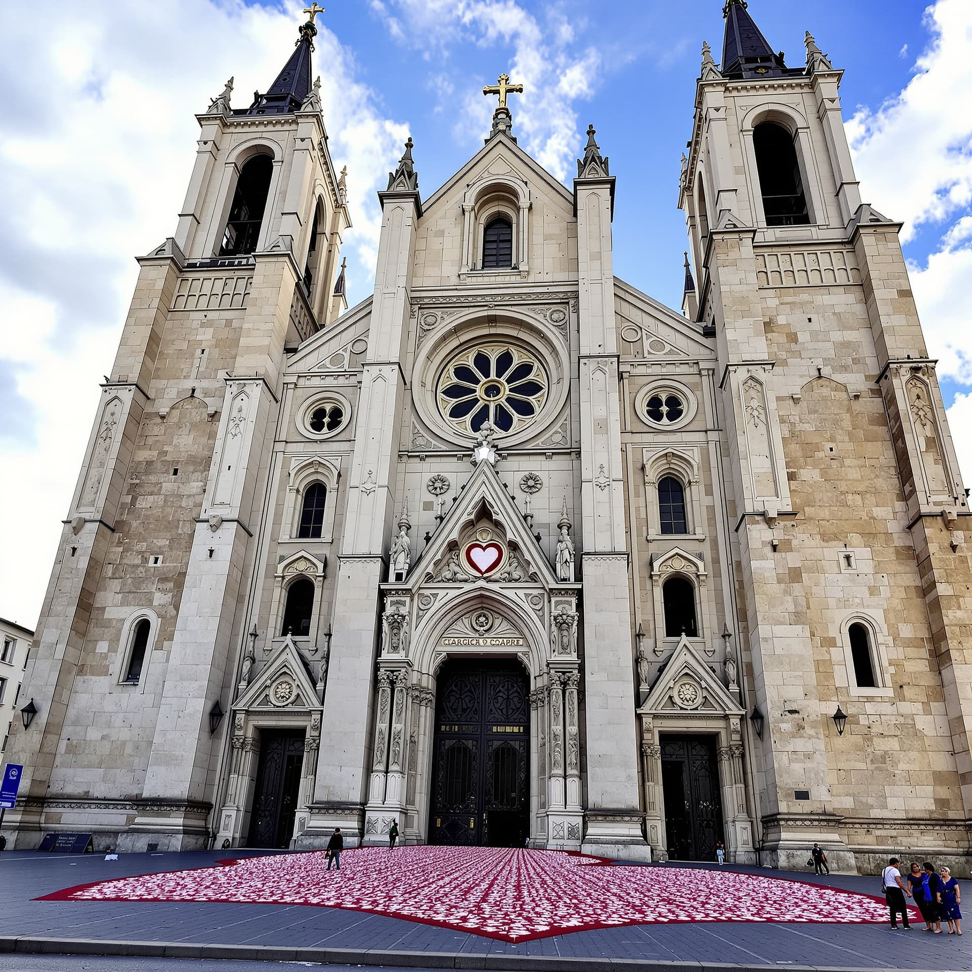 AI generated: Hazme un corazón pisoteado en frente de una catedral. Tiene que verse un CORAZÓN real en el suelo pi...
