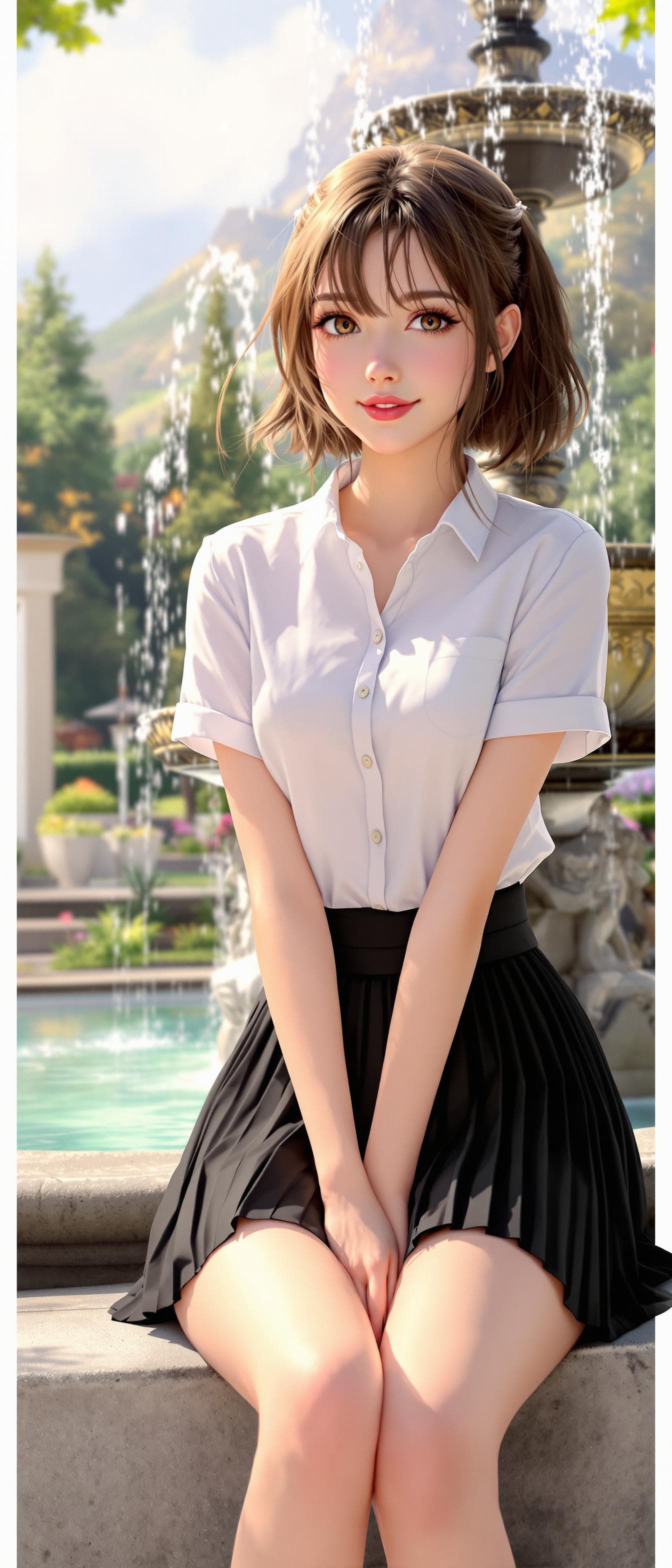 AI generated: 3D animation of a girl, short sleeves shirt, black pleated mini skirt, green skirt, thighs, sitting ...