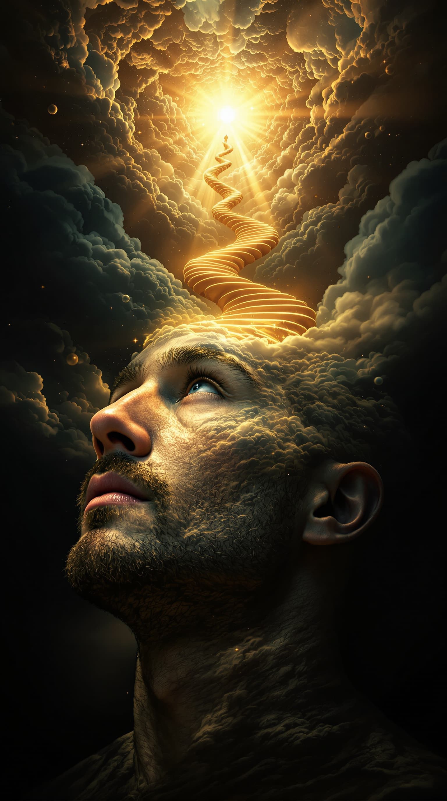 AI generated: realistic male face at a 3/4 turn view, the top of his head morphs into a spiral staircase that lead...