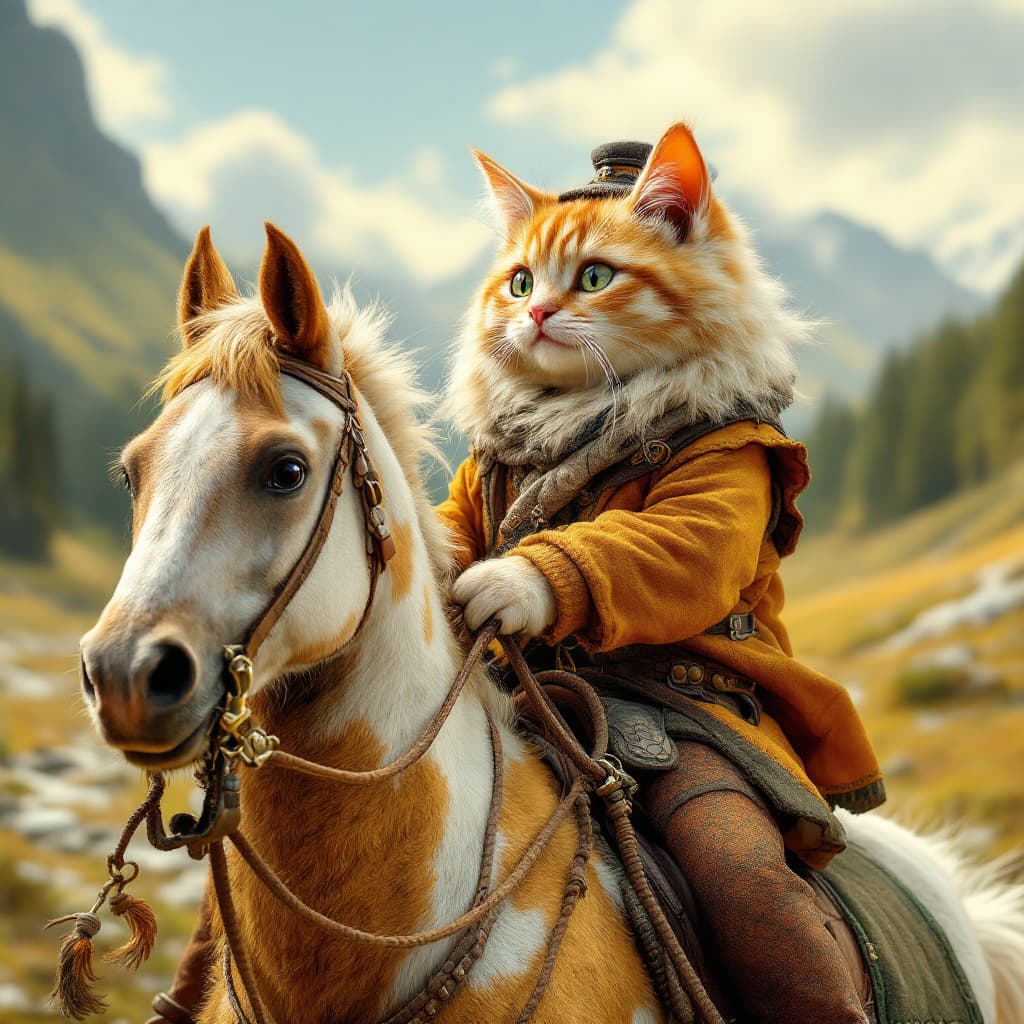 AI generated: an anthropomorphic cute cat is horse rider, in the style of cinematic montages, dragon art, francisz...