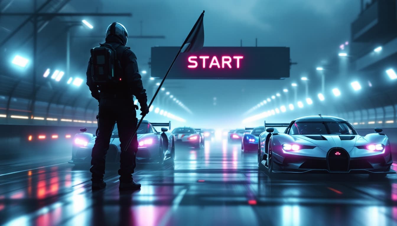 AI generated: The start sounds and the starter stands on the side of the racing cars. Gives the go-ahead with a fl...