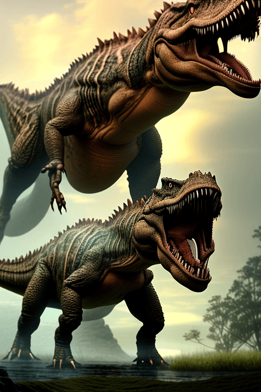 AI generated: titanosaurus, giant walking spinosaurus on hind legs, head of a newt, spinosaurus, large dorsal sail...