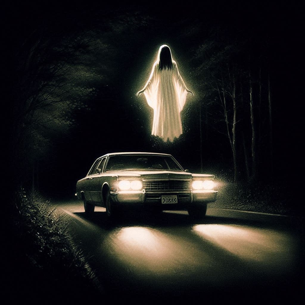 AI generated: A ghostly figure hovering above a car on a night road. It is a woman with long hair, wearing a white...