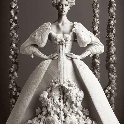 AI generated: Craft a high-fashion wedding dress seamlessly merging the elegance of Chantilly, with the contempora...