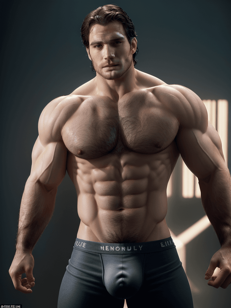AI generated: Henry Cavill ((full nude frontal body)), big muscles and thick dick, in his thirties, fully unclothe...