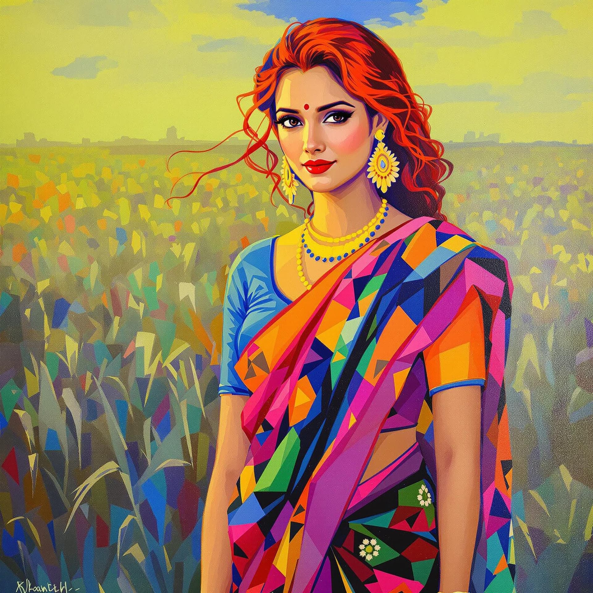 AI generated: The image features a painting of an Indian woman with red hair, wearing a colorful saree. She is sta...