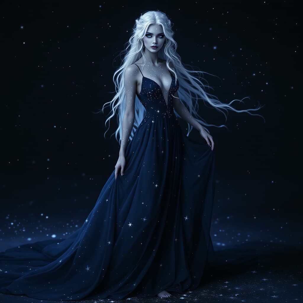 AI generated: 20 year old princess with Grey skin, with white freckles like stars, white hair with dark blue strea...