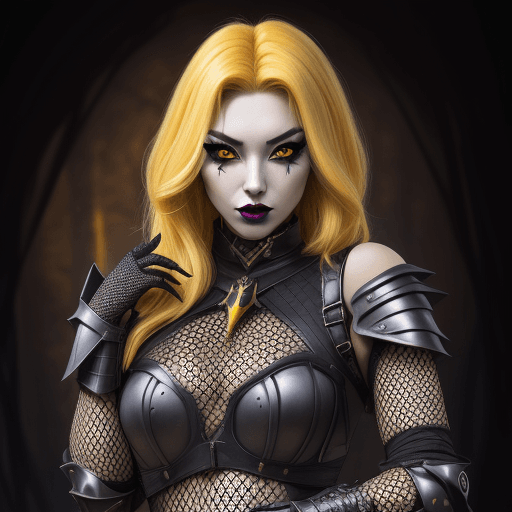 AI generated: assumi, fishnets, lips, makeup, yellow eyes, armor, warlock shoulders