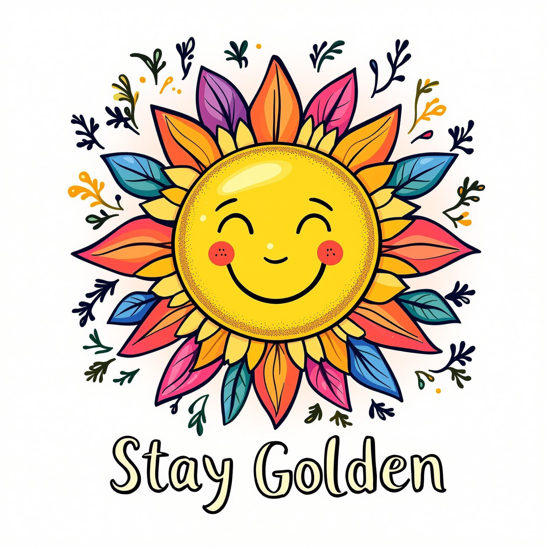AI generated: "A playful, standalone design of a smiling sun surrounded by colorful petals and leaves, with the up...