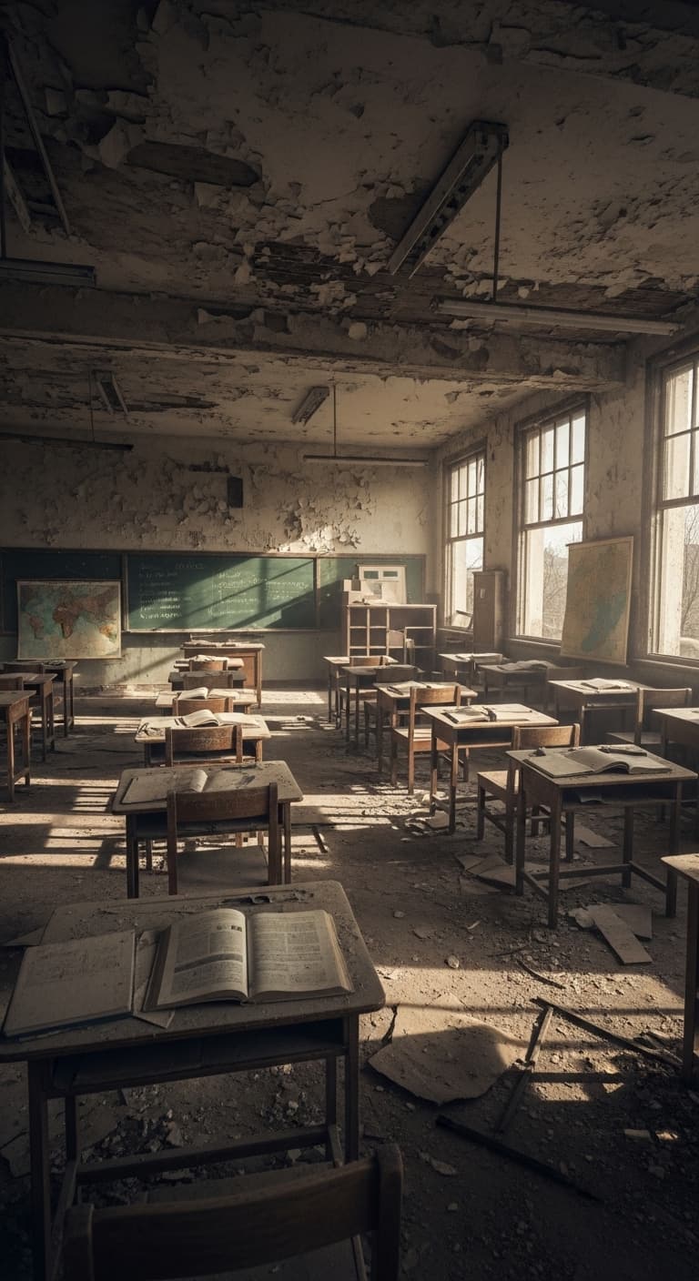 AI generated: 12k, super wide angle shot, super detailed, sharp, uhd, a masterpiece a deteriorating classroom, for...