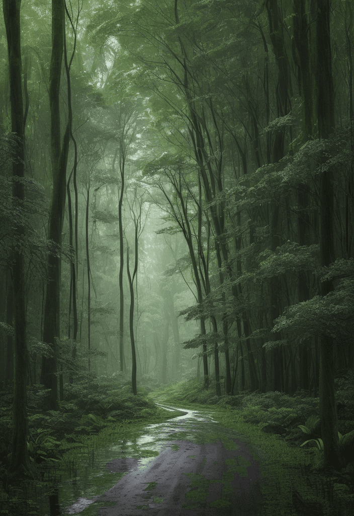 AI generated: A beautiful forest with tall trees and lush foliage, gentle rain falling on the leaves and forest fl...