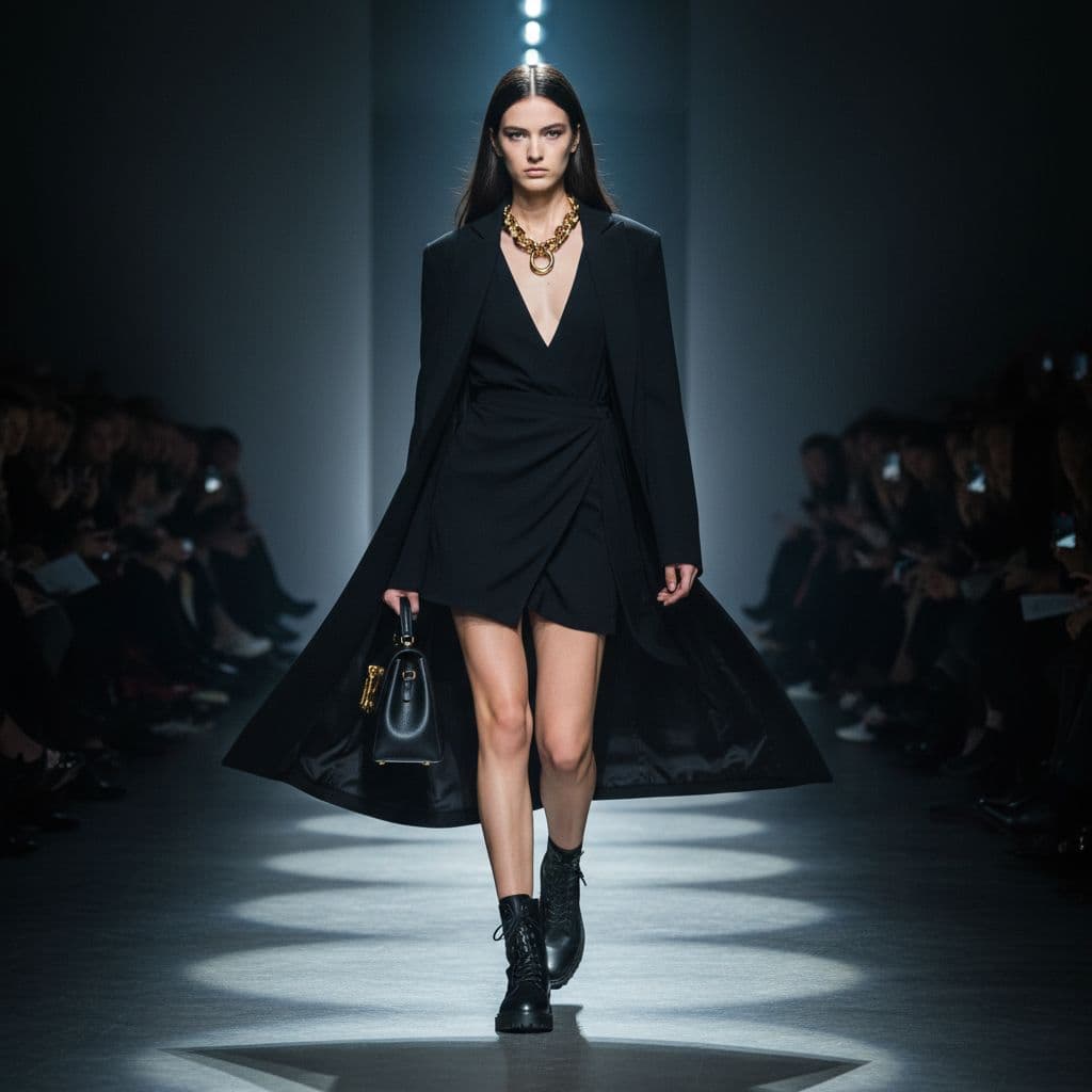 AI generated: A striking fashion runway scene featuring a tall, confident model walking down the catwalk. She wear...