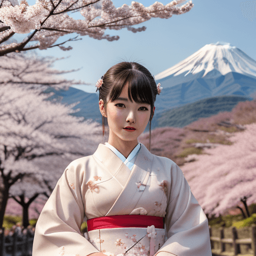 AI generated: a japanese supermodel girl 25 years in traditional japanse dress, light makeup, looking to viewer, c...