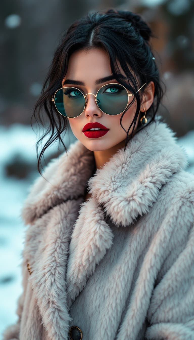 AI generated: Woman, jet hair, ruby red lips, short, faux-chinchilla coat, intense red lips, trendy, vibrant setti...