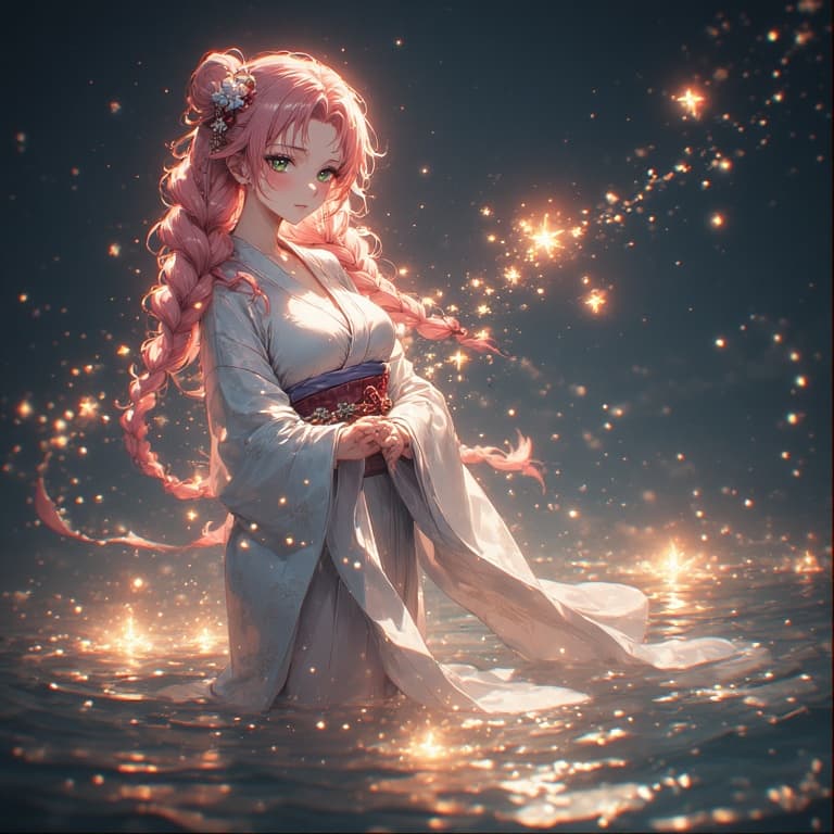 AI generated: anime art of Mitsuri Kanroji, covered nipples, chromatic aberration, glow, perfect face, curvy body,...
