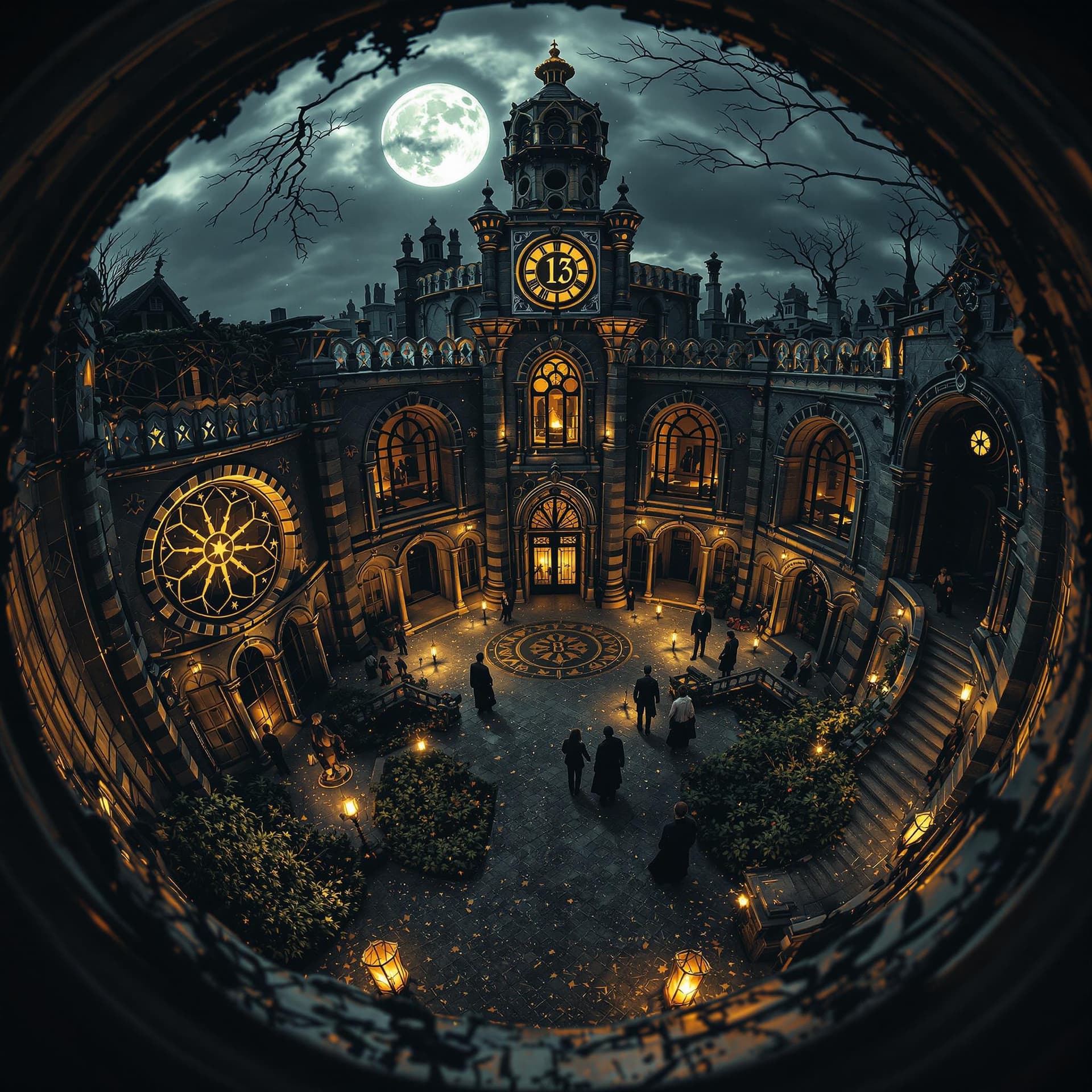 AI generated: Hyper realistic fisheye exterior photo of a tarot card “13th” gothic style ,overlooking the scene, c...