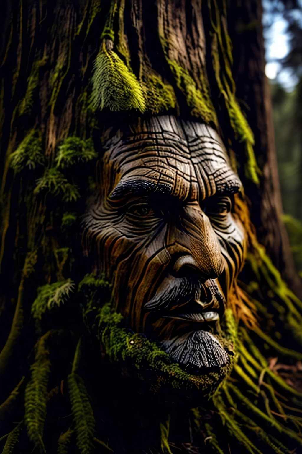 AI generated: [(human face):1], old tree trunk, highly detailed bark, [long beard::5], photorealistic, HDR, pine t...