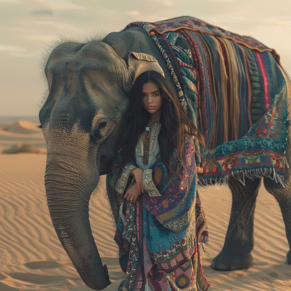 AI generated: A girl with long black hair, dressed in multi-colored fabric, stands next to an elephant, which is c...