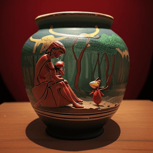 AI generated: a 4k photo of a classical greek vase in the "red-figure pottery" style sitting in a museum depicting...